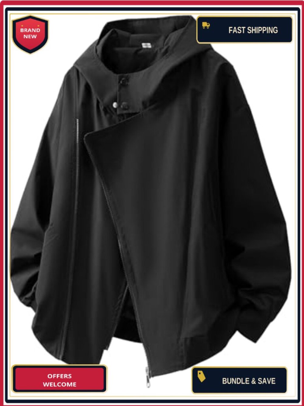 Zip Up Hooded Windbreaker Jacket Polyester Loose Fit